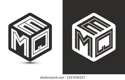 Diseño del logotipo de la letra EMQ con el logotipo del cubo ilustrador, logotipo vectorial estilo moderno de superposición de tipos de letra del alfabeto. Icono del logotipo de Premium Business. Color blanco sobre fondo negro