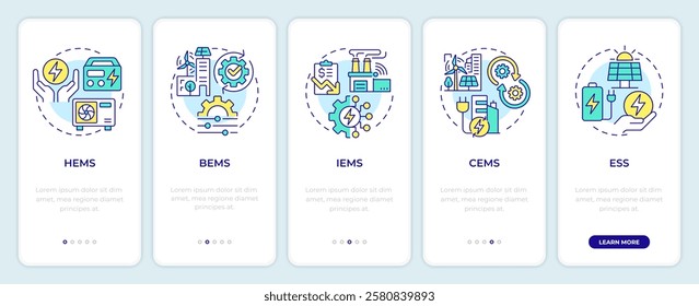 EMS applications onboarding mobile app screen. Walkthrough 5 steps editable graphic instructions with linear concepts. UI, UX, GUI template