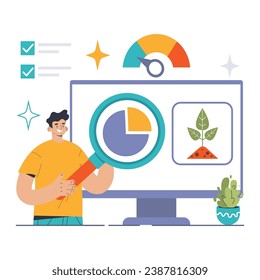 EMS-Konzept. Expert analysiert Umweltmanagementsysteme auf einem Bildschirm und zeigt nachhaltige Messgrößen und Wachstum. Überwachung von Ökopraktiken, Echtzeitbewertung von Daten. Flache Vektorgrafik