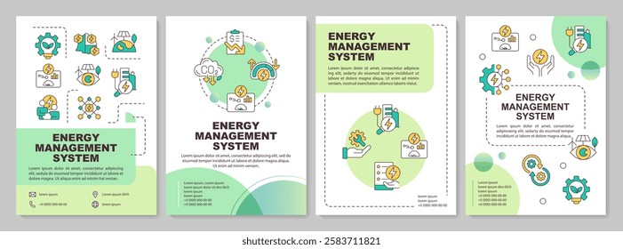 EMS control systems green circle brochure template. Power management, electrification. Leaflet design with linear icons. Editable 4 vector layouts