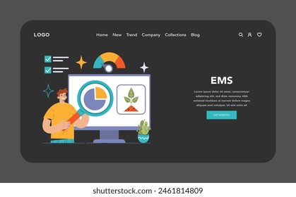 EMS dark or night mode web, landing. Expert analyzes environmental management system, sustainable metrics and growth. Monitoring eco practices, real-time data evaluation. Flat vector illustration