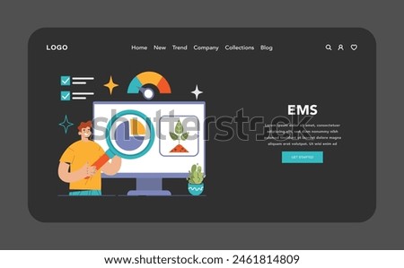EMS dark or night mode web, landing. Expert analyzes environmental management system, sustainable metrics and growth. Monitoring eco practices, real-time data evaluation. Flat vector illustration