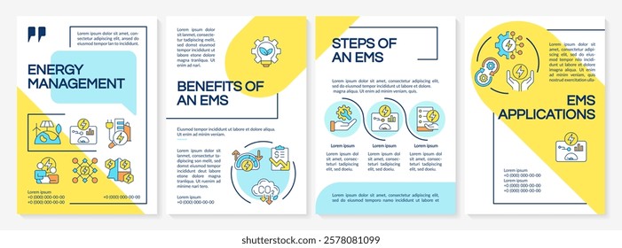 EMS power management blue and yellow brochure template. System control. Compliance, regulation. Leaflet design with linear icons. Editable 4 vector layouts