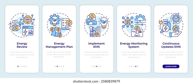 EMS system steps onboarding mobile app screen. Walkthrough 5 steps editable graphic instructions with linear concepts. UI, UX, GUI template