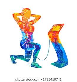 EMS training. Abstract girl doing squats in suit with cables from splash of watercolors. Vector illustration of paints