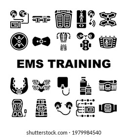 Ems Training Device Collection Icons Set Vector. Stimulator With Strap And Suction Cups, Massager For Feet And Stimulant For Press Ems Training Glyph Pictograms Black Illustrations