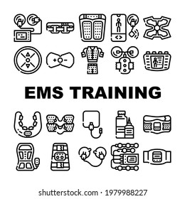 Ems Training Device Collection Icons Set Vector. Stimulator With Strap And Suction Cups, Massager For Feet And Stimulant For Press Ems Training Contour Illustrations