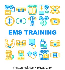 Ems Training Device Collection Icons Set Vector. Estimulador Con Tiras De Correa Y Sución, Masajeador Por Pies Y Estimulante Para La Formación De Prensa Ems Concepto Pictogramas Lineales. Ilustraciones de color de contorno