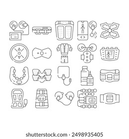 Ems Training Device Collection Icons Set Vector. Stimulator With Strap And Suction Cups, Massager For Feet And Stimulant For Press Ems Training Contour Illustrations