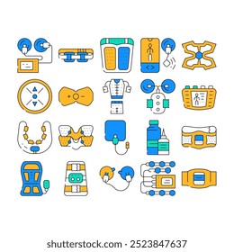 Ems Training Device Collection Icons Set Vector. Stimulator With Strap And Suction Cups, Massager For Feet And Stimulant For Press Ems Training Contour Illustrations