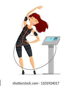 Ems training. Girl doing fitness exercise in the gym. Cartoon vector illustration