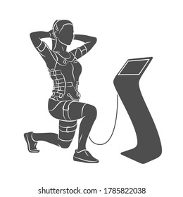 EMS training. Girl doing squats in suit with cables on a white background. Vector illustration