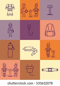 Ems training icons. Electric muscular stimulating fitness symbols. Fitness center design elements. Personal trainer and sportsman. Line flat concept. Sports company pictogram. Vector illustration