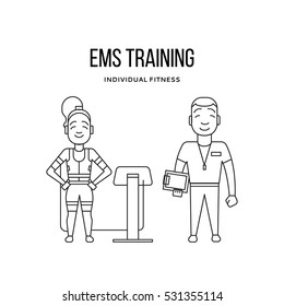 Ems training logo. Electric muscular stimulating fitness. Fitness center banner. Personal trainer and sportsman. Line flat concept. Sports company flyer, sticker. Vector illustration