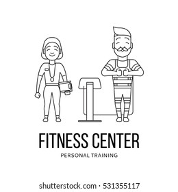 Ems training logo. Electric muscular stimulating fitness. Fitness center banner. Personal trainer and sportsman. Line flat concept. Sports company flyer, sticker, concept. Vector illustration