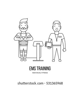 Ems training logo. Electric muscular stimulating fitness. Fitness center banner. Personal trainer and sportsman. Line flat concept. Sports company flyer, sticker. Vector illustration