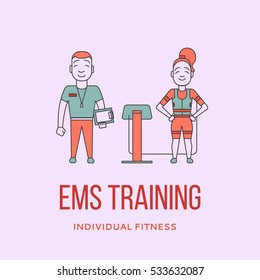 Ems training logo. Electric muscular stimulating fitness. Fitness center banner. Personal trainer and sportsman. Line flat concept. Sports company flyer, sticker. Vector illustration