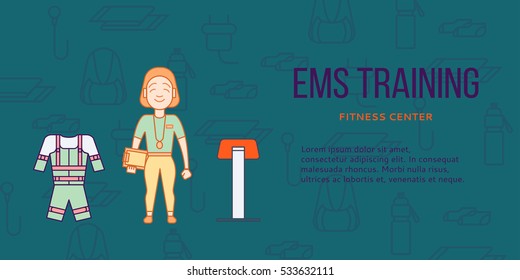 Ems Training Web Banner Or Flyer In Flat Style. Electric Muscular Stimulating Fitness Concept. Personal Trainer With Equipment. Sports Company Vector Illustration