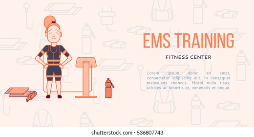 Ems training web banner or flyer in flat style. Electric muscula