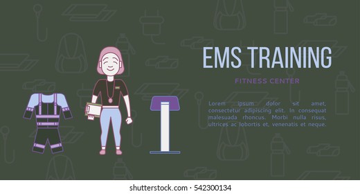 Ems training web banner or flyer in flat style. Electric muscular fitness brochure, flyer. Vector illustration