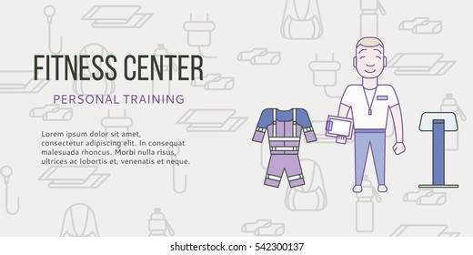 Ems Training Web Banner Or Flyer In Flat Style. Electric Muscular Fitness Concept With Personal Trainer. Vector Illustration