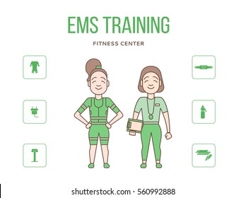 Ems training web banner or flyer with icons in flat style. Electric muscular stimulating fitness vector illustration.