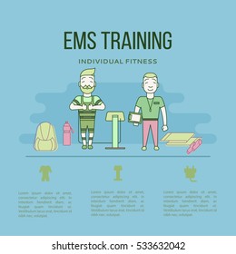 Ems training web banner or template in flat style. Electric muscular stimulating fitness concept. Vector illustration