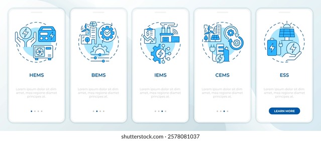 EMS types blue onboarding mobile app screen. Consumption control. Walkthrough 5 steps editable graphic instructions with linear concepts. UI, UX, GUI template