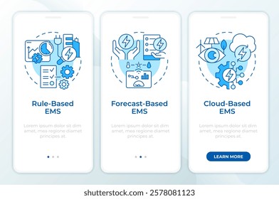 EMS types blue onboarding mobile app screen. Energy control. Walkthrough 3 steps editable graphic instructions with linear concepts. UI, UX, GUI template