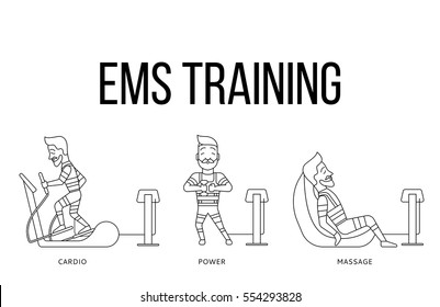 Ems workout stages. Electric muscular stimulating fitness vector