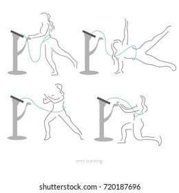 Ems workout stages - poses. Electric muscular stimulating fitness