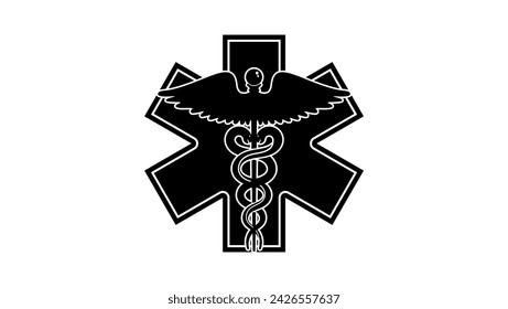 EMT Health Care Caduceus Medical Symbol, black isolated silhouette