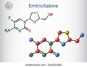 Emtricitabine, FTC molecule. It is nucleoside reverse transcriptase inhibitor used for treatment of HIV. Structural chemical formula, molecule model. Sheet of paper in a cage. Vector illustration