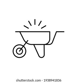 Emty Barrow construction, wheelbarrow icon in flat black line style, isolated on white background 