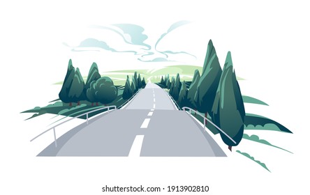 Emty road to the hills. Scenic summer landscape with asphalt road passing to high hills. Traveling and adventures through scenery meadows along a curving road
