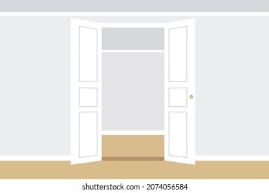 Emty room with light wall, doors and wooden floor. Doorway into another room. Modern interior illustration. Vector.