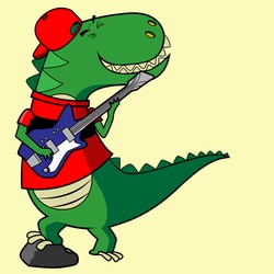 Emty Template With A Dinosaur With Urban Cloth And A Electric Guitar Rocking. Vector Illustrator