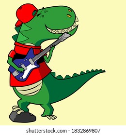 Emty template with a dinosaur with urban cloth and a electric guitar rocking. Vector Illustrator