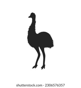 Emu Australian bird black outline silhouette icon vector illustration isolated on white background. Black outline shape of standing full length Emu bird.