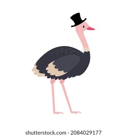 Emu Bird as Australian Animal with Long Neck and Legs Wearing Top Hat Vector Illustration