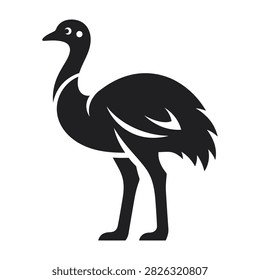 Emu bird black silhouette icon isolated on white background. Wild animal symbol for zoo, safari, travel, nature, wildlife, education, biology, ecology, farming, livestock design.
