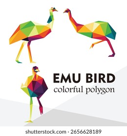 Emu Bird Colorful abstract polygon vector set. Vector collection of colorful polygonal low poly emu bird. Emu Bird colorful symbol logo set