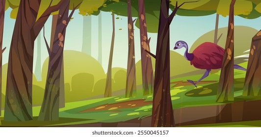 Emu bird running down hill in summer forest. Vector cartoon illustration of exotic brown bird walking in green forest with old trees and bushes, morning sunlight flare, wildlife species in zoo park