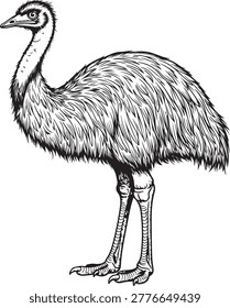 Emu bird standing, black and white vector illustration. Flightless bird from Australia, isolated on white background.