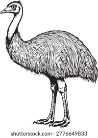 Emu bird standing, black and white vector illustration. Flightless bird from Australia, isolated on white background.