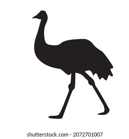 Emu black silhouette isolated on white background. Cassowary simple icon or pictogram. Cartoon flat style ostrich sign or logo. Australian wild animal. Rhea shadow side view. Stock vector illustration