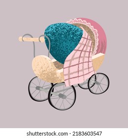 Emu egg in a vintage stroller. Vector illustration.