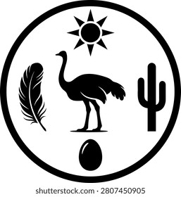 Emu icon set with desert elements and egg, silhouette