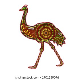 Emu isolated on white background. Australia aboriginal ostrich dot painting. Aboriginal tribal styled ostrich.Decorative ethnic style. Element for flyer, poster, banner, placard, brochure.Stock vector