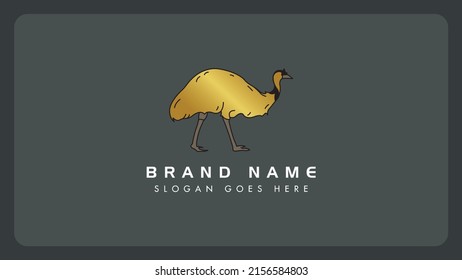Emu Large bird vector logo design template, Creative Golden emu bird monogram icon, Isolated on black background.